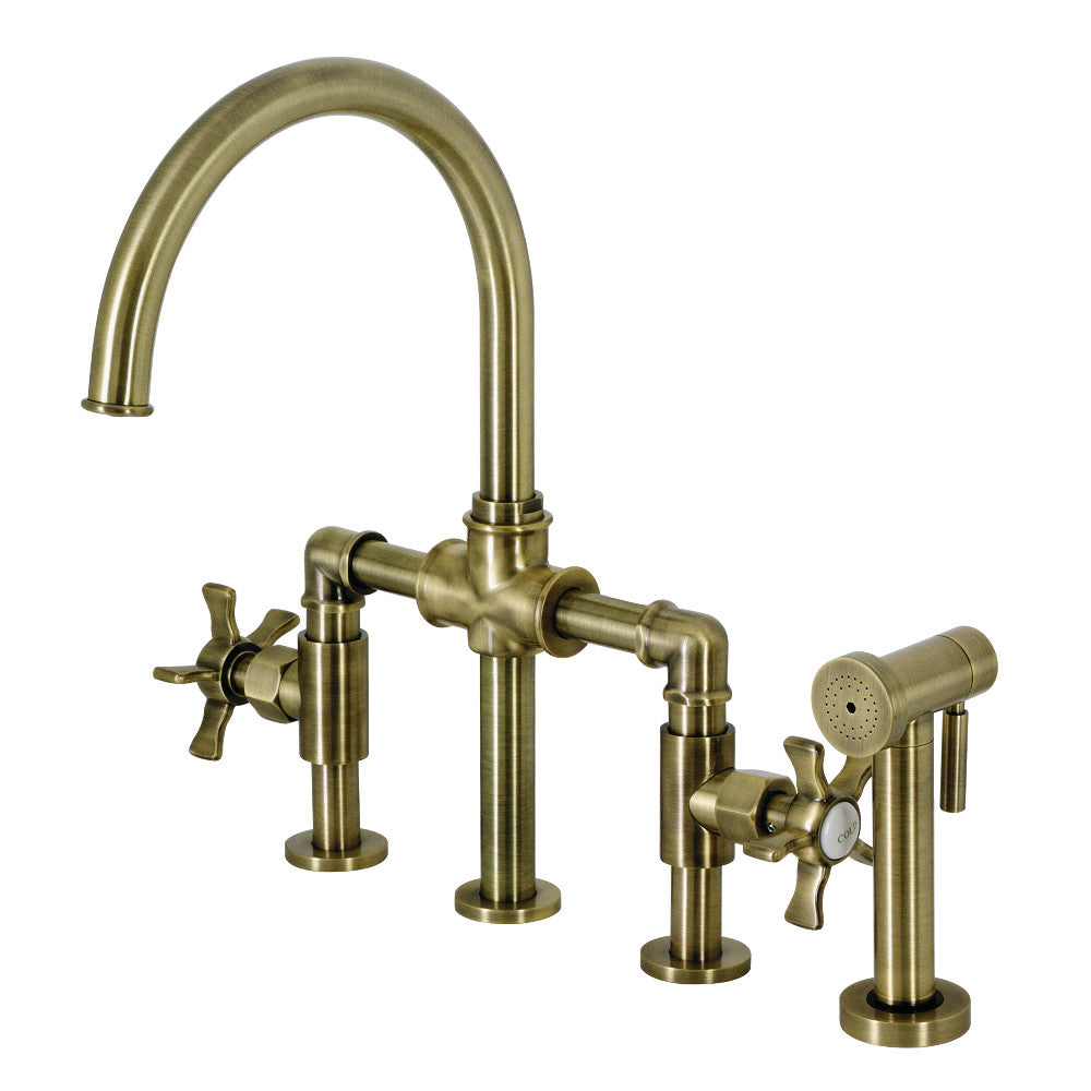 Kingston KS2333NX Hamilton Industrial Style Bridge Kitchen Faucet with Brass Sprayer, Antique Brass in modern kitchen decor.