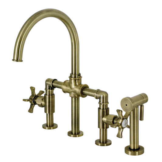 Kingston KS2333NX Hamilton Industrial Style Bridge Kitchen Faucet with Brass Sprayer, Antique Brass in modern kitchen decor.