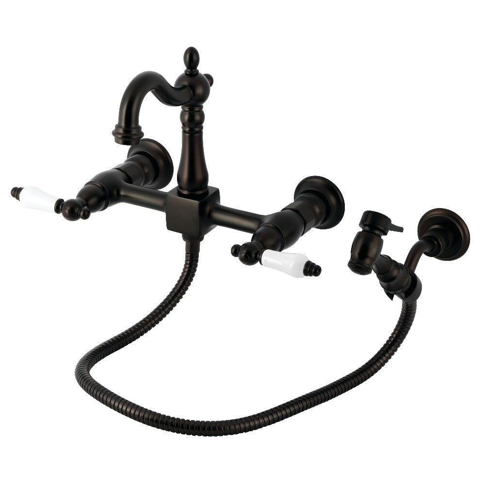 Kingston KS2443PLBS Heritage Two-Handle Wall Mount Bridge Kitchen Faucet with Brass Sprayer, Antique Brass