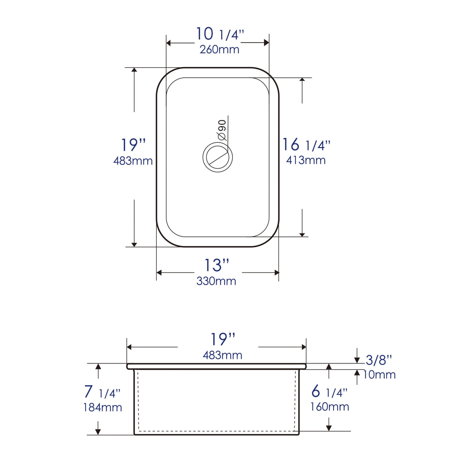 Alfi 13" x 19" Dual Mount Fireclay Prep Sink - ABF1319UD dimensions diagram with width, length, and depth measurements.