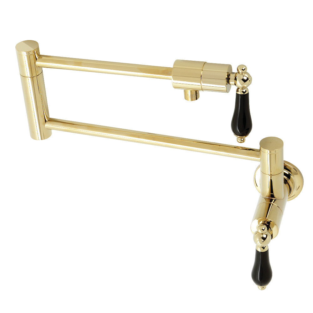Kingston Brass KS4107PKL Duchess Wall Mount Pot Filler Faucet, Brushed Brass with black porcelain handles and foldable swing arms.