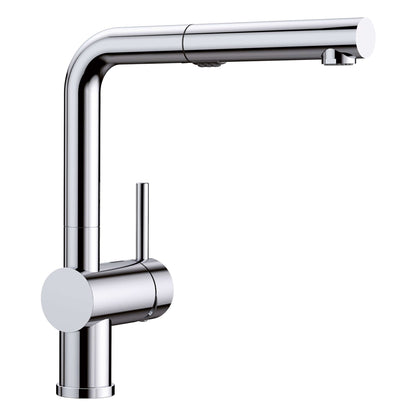 BLANCO Linus Low Arc Pull-Out Dual-Spray Kitchen Faucet - in chrome finish, designed for limited clearance spaces.