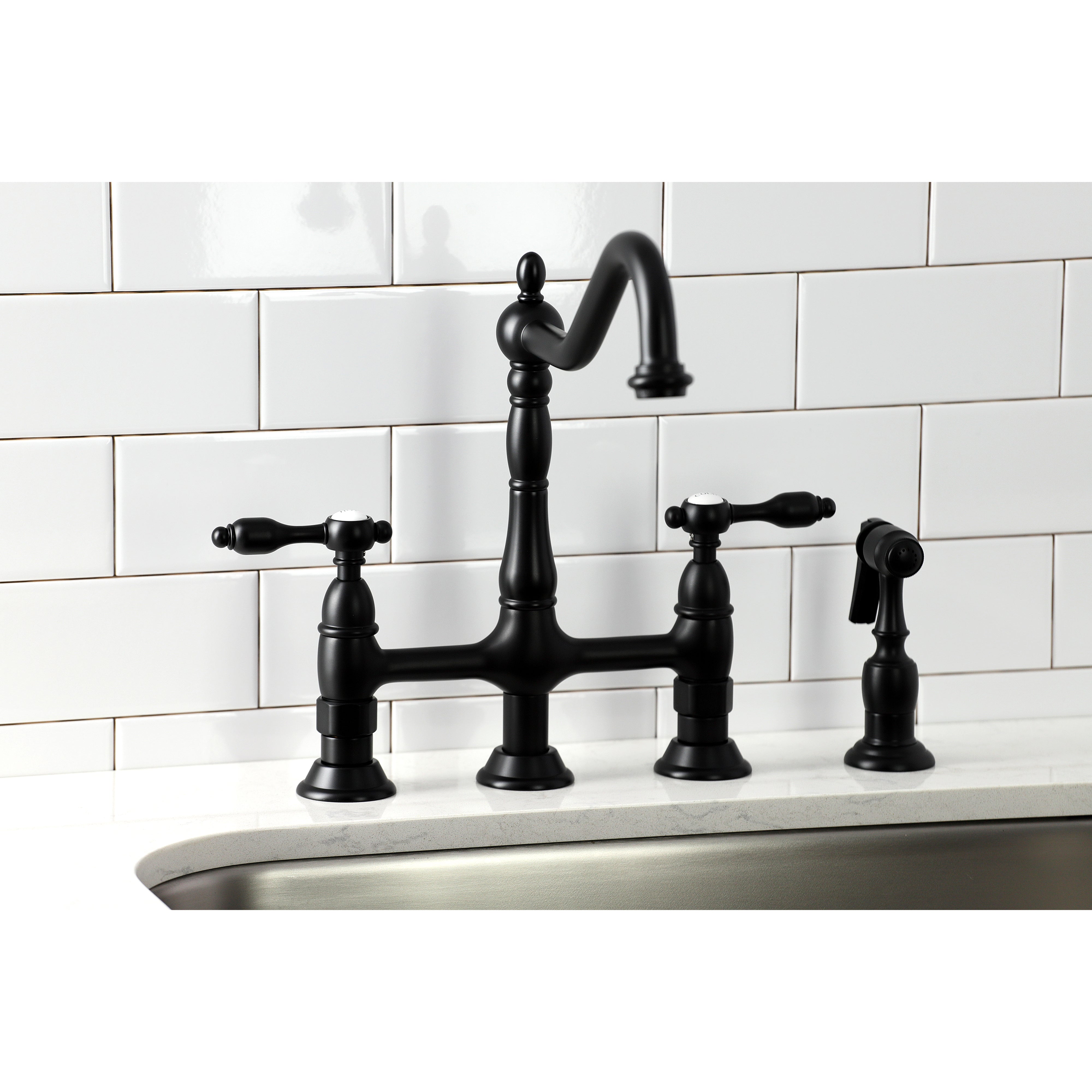 Kingston KS1273TALBS Tudor Bridge Kitchen Faucet with Brass Sprayer, Antique Brass in black finish