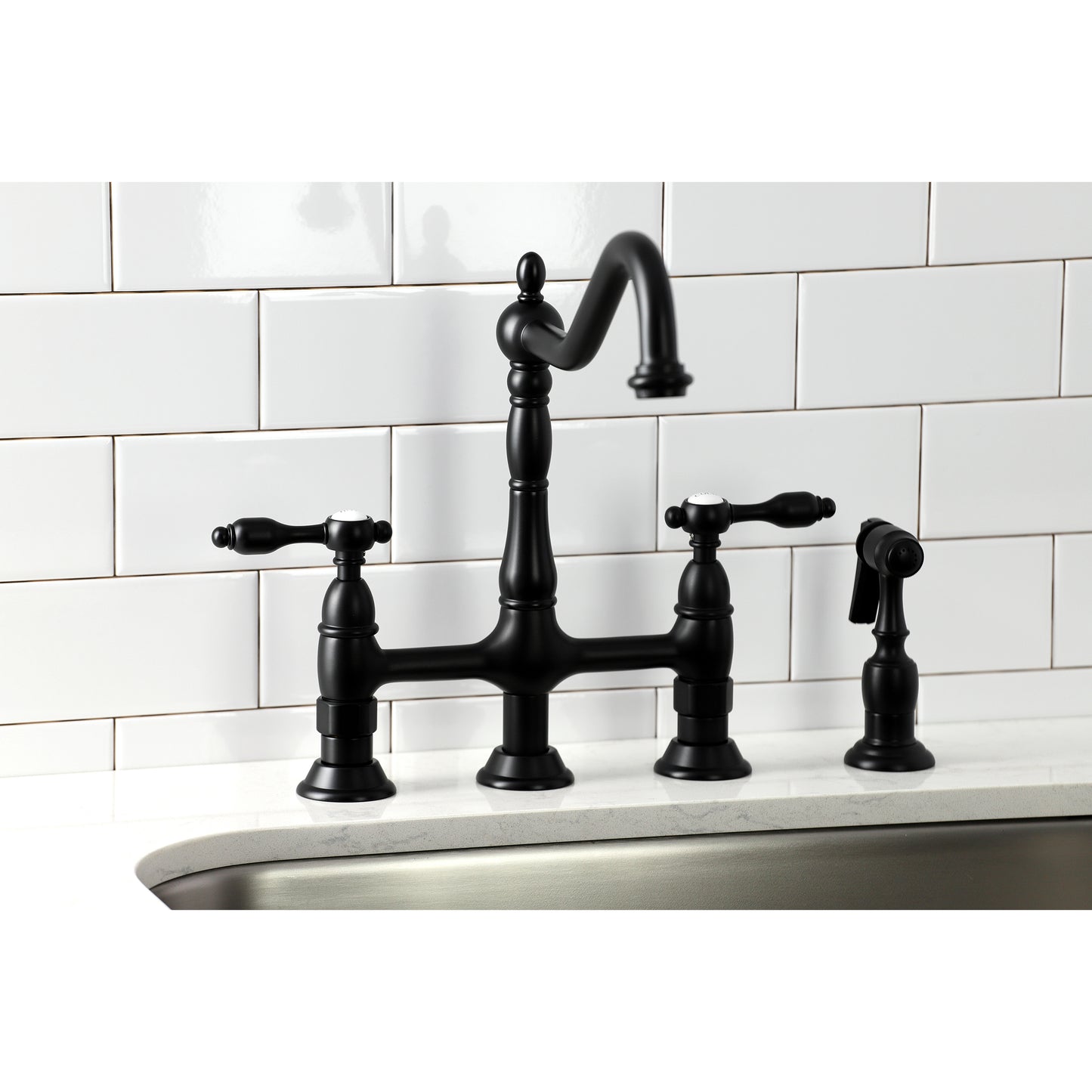Kingston KS1273TALBS Tudor Bridge Kitchen Faucet with Brass Sprayer, Antique Brass in black finish