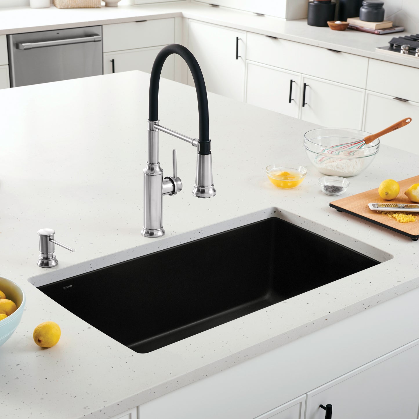 BLANCO Diamond SILGRANIT 33" Super Single Undermount Kitchen Sink with modern faucet and countertop setting.