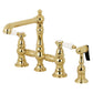 Kingston KS7277BPLBS Bel-Air Bridge Kitchen Faucet with Brass Sprayer, Brushed Brass in polished brass finish.