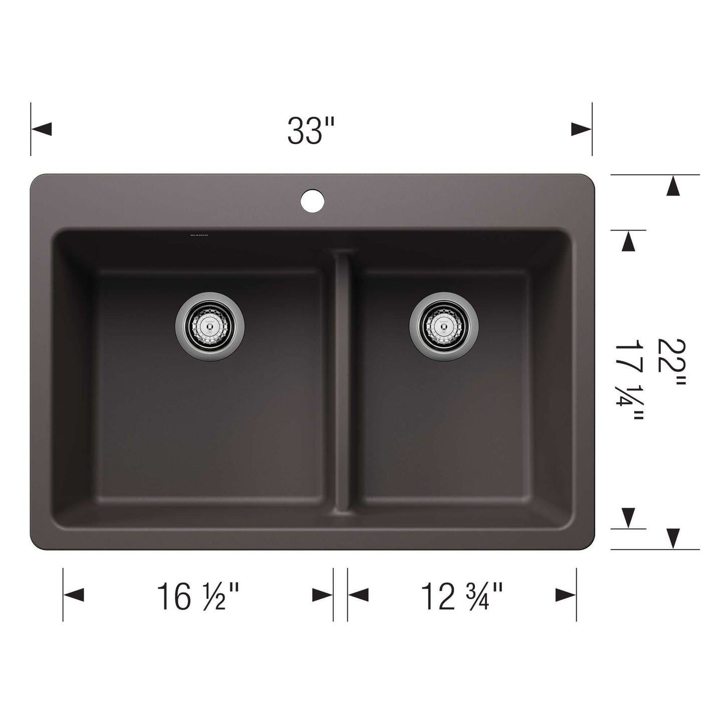 BLANCO Liven SILGRANIT 33" 60/40 Double Bowl Dual Mount Kitchen Sink with Low Divide dimensions diagram