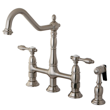 Kingston KS1273TALBS Tudor Bridge Kitchen Faucet with Brass Sprayer, Antique Brass