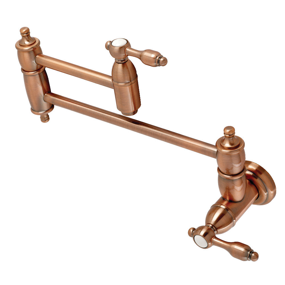 Kingston Brass KS3103TAL Tudor Wall Mount Pot Filler Faucet, Antique Brass with a vintage design and swing arms.