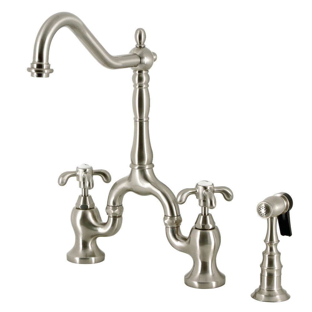 Kingston KS7753TXBS French Country Bridge Kitchen Faucet with Brass Sprayer, Antique Brass design with brushed nickel finish