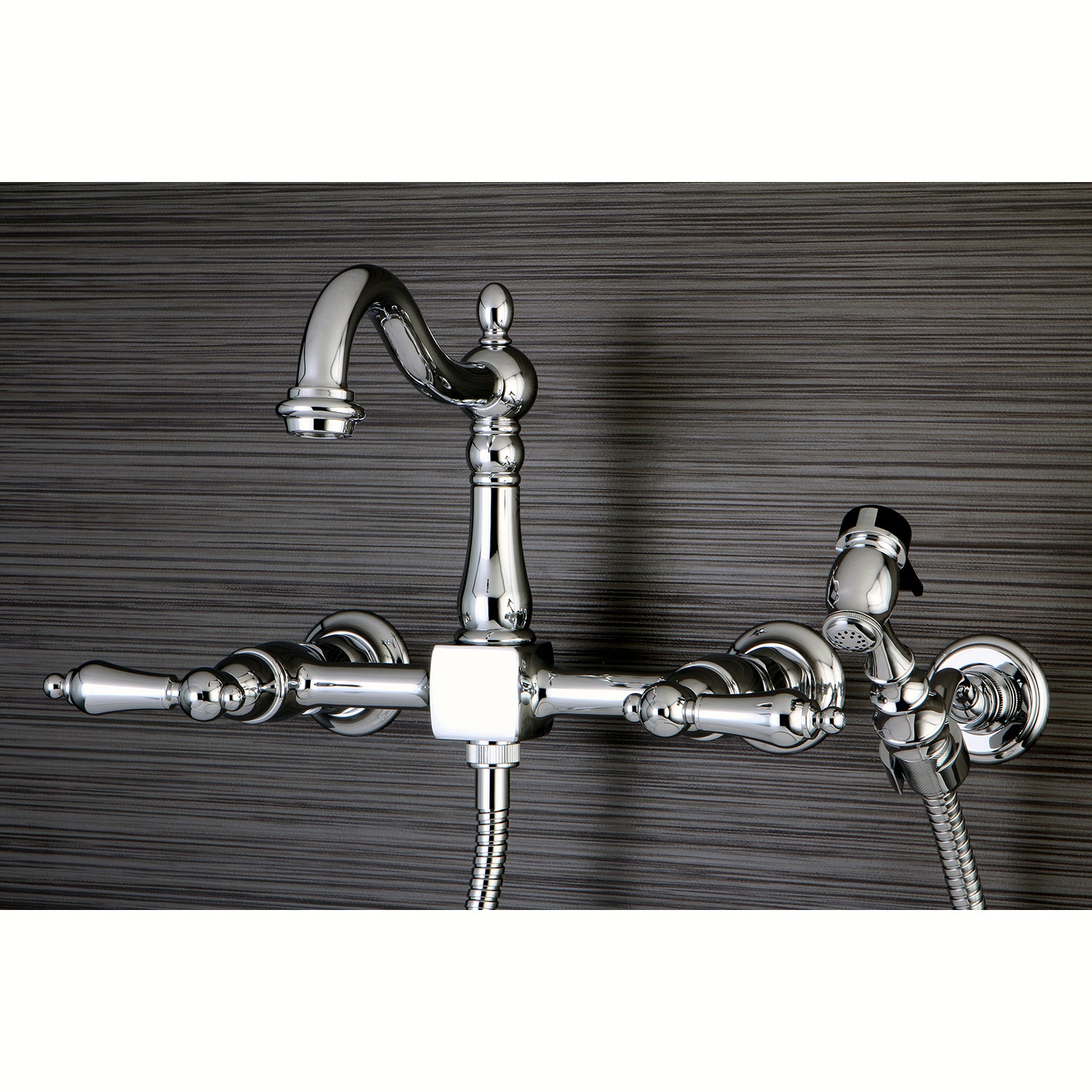 Kingston KS1263ALBS Heritage Two-Handle Wall Mount Bridge Kitchen Faucet with Brass Sprayer, Antique Brass