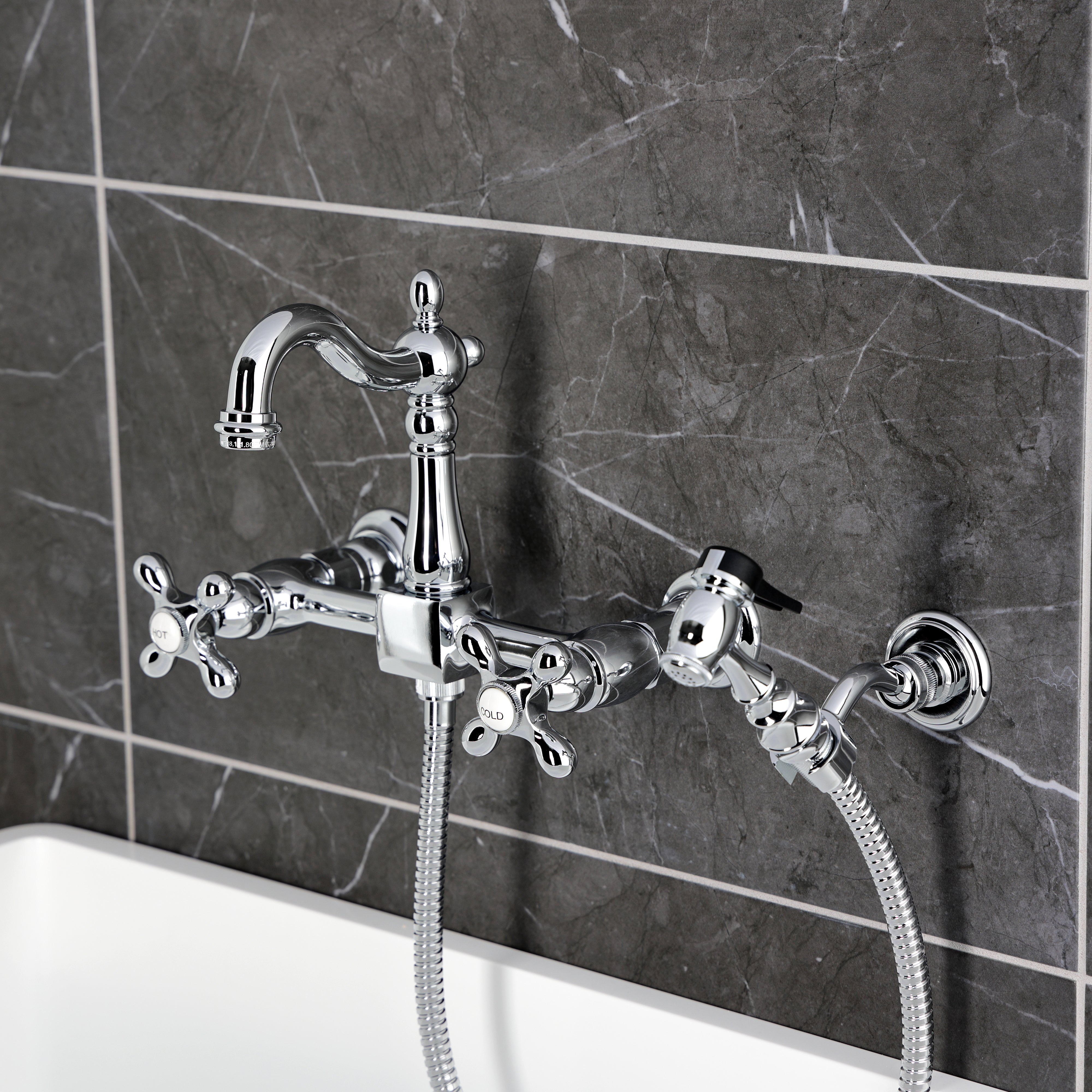 Kingston KS2443AXBS Heritage Two-Handle Wall Mount Bridge Kitchen Faucet with Brass Sprayer, Antique Brass
