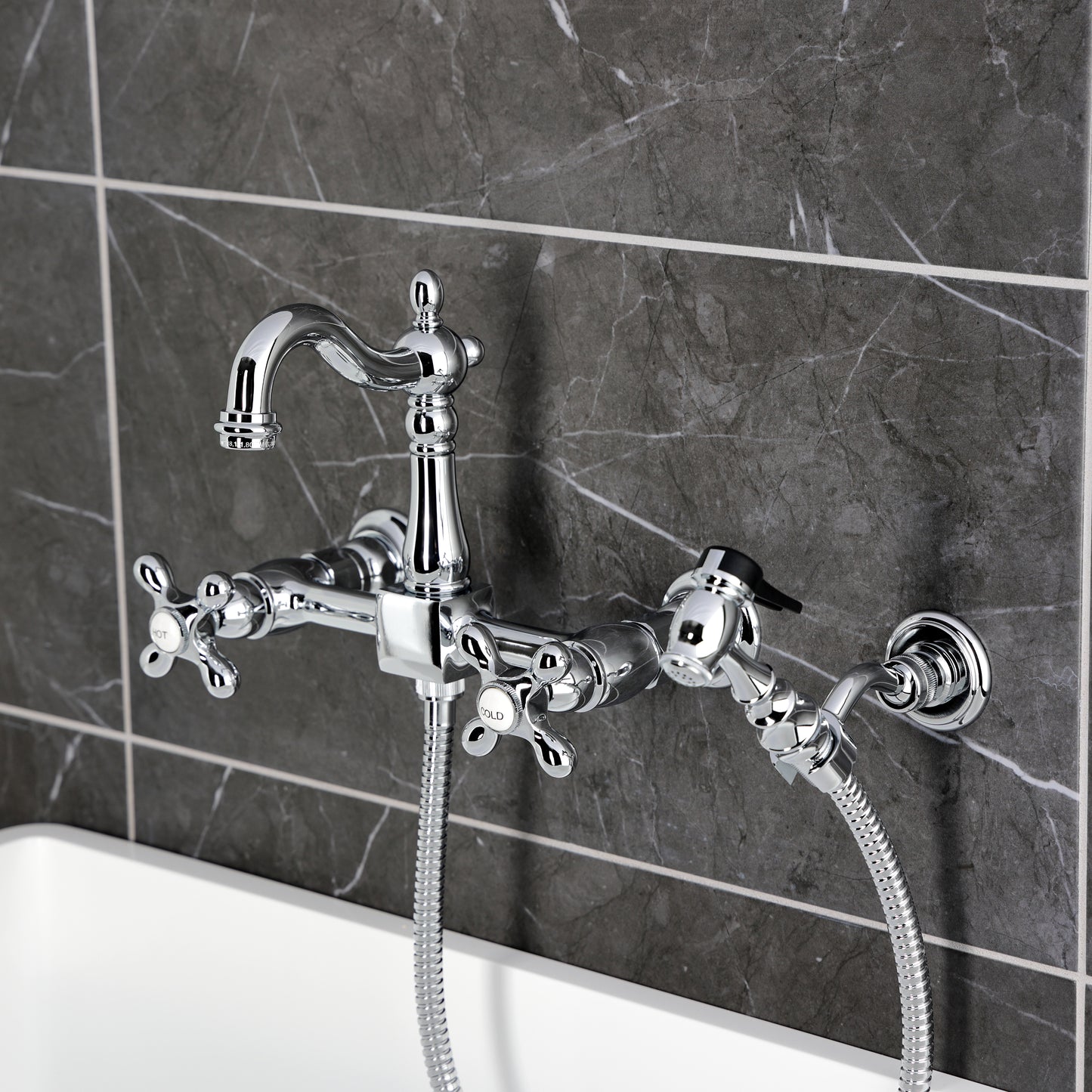 Kingston KS2443AXBS Heritage Two-Handle Wall Mount Bridge Kitchen Faucet with Brass Sprayer, Antique Brass