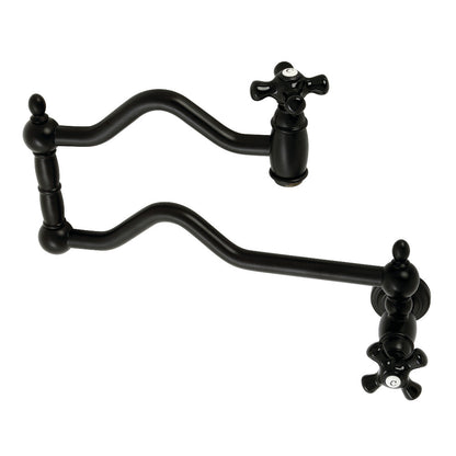Kingston Brass KS2107PKX Duchess Wall Mount Pot Filler Faucet, Brushed Brass with black porcelain handles