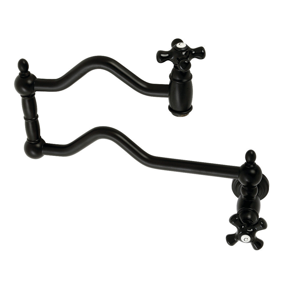 Kingston Brass KS2107PKX Duchess Wall Mount Pot Filler Faucet, Brushed Brass with black porcelain handles