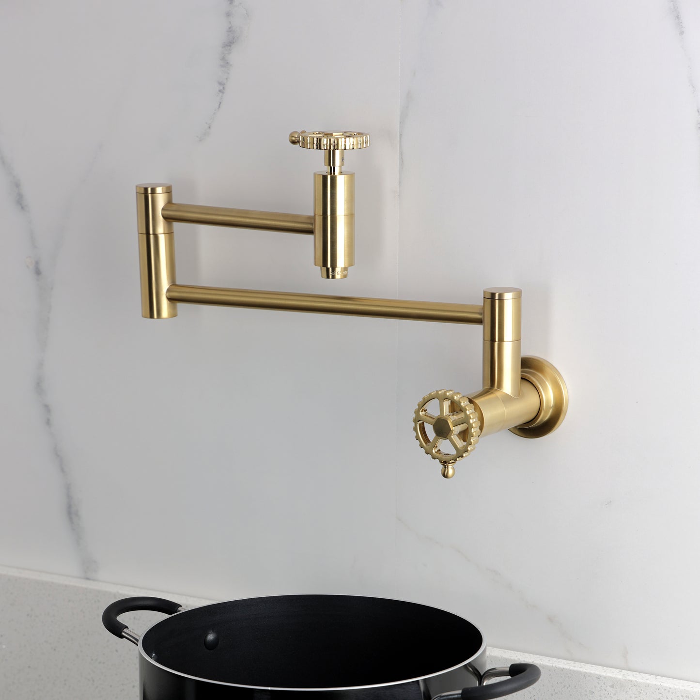 Kingston Brass KS8103CG Fuller Wall Mount Pot Filler Faucet, Antique Brass with foldable swing arms and traditional design.
