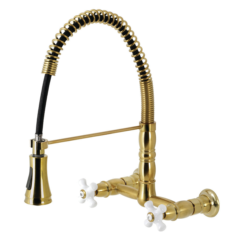 Gourmetier GS1243PX Heritage Double-Handle Wall-Mount Pre-Rinse Bridge Kitchen Faucet, Antique Brass with high arching spout