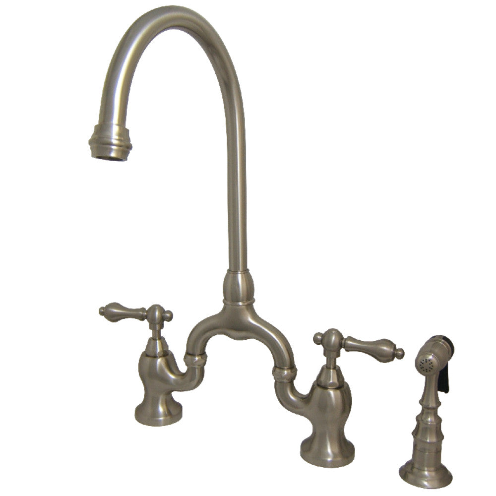 Kingston KS7793ALBS English Country Bridge Kitchen Faucet with Brass Sprayer, Antique Brass in brushed nickel finish