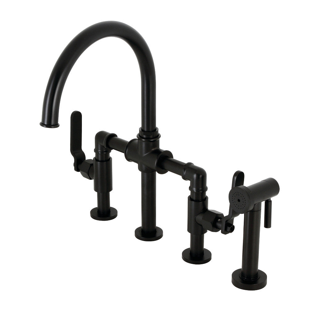 Kingston KS2333KL Whitaker Industrial Style Bridge Kitchen Faucet with Brass Sprayer, Antique Brass in matte black finish