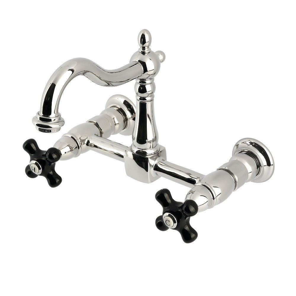 Kingston KS1263PKX Duchess Two-Handle Wall Mount Bridge Kitchen Faucet, Antique Brass with black porcelain handles
