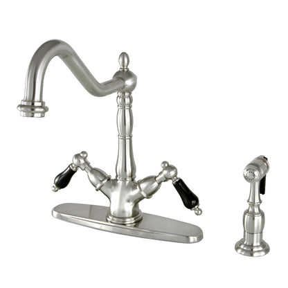 Kingston KS1238PKLBS Duchess Two-Handle Kitchen Faucet with Brass Sprayer, Brushed Nickel and black porcelain handles.