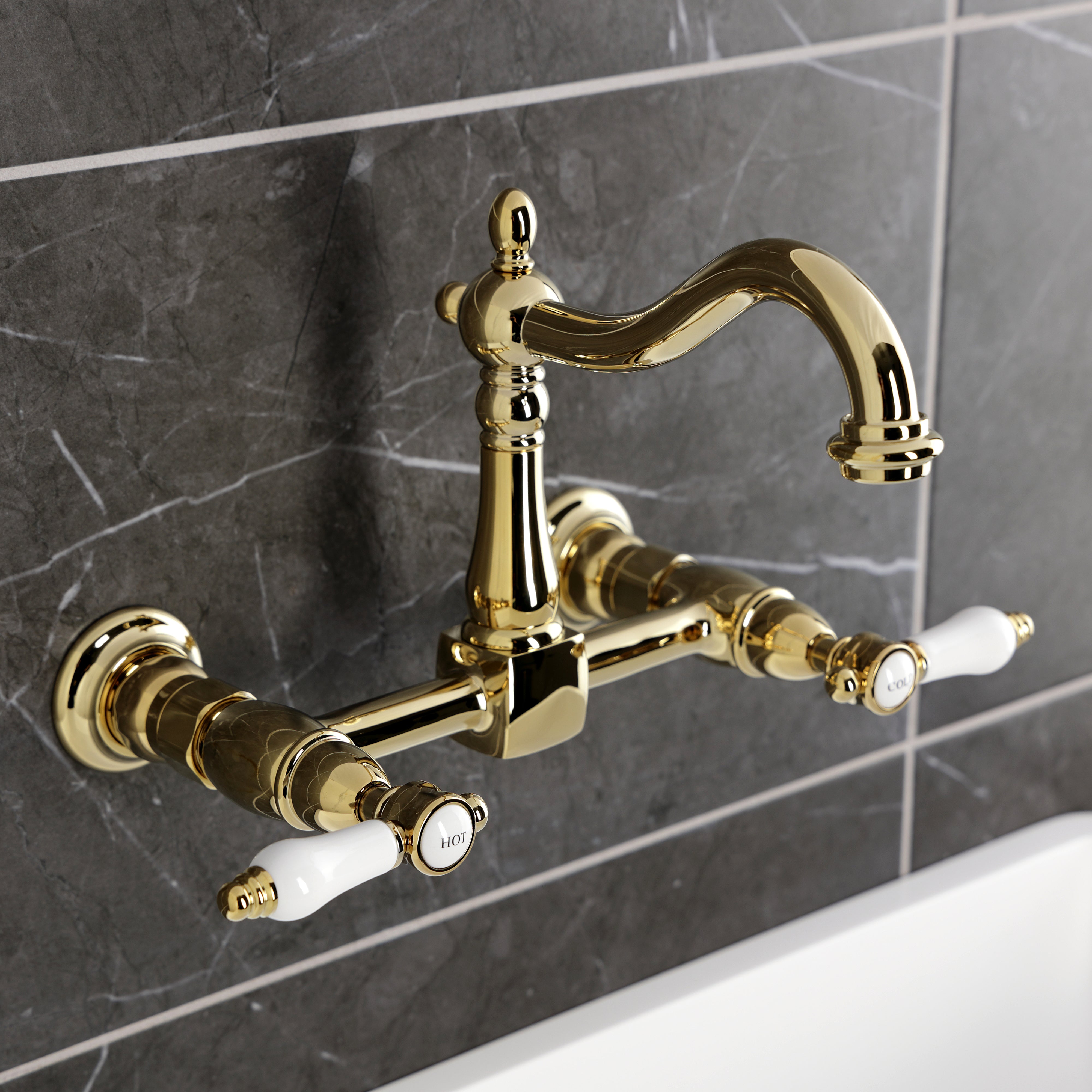 Kingston KS1263BPL Bel-Air Two-Handle Wall Mount Bridge Kitchen Faucet, Antique Brass
