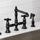 Kingston KS7277PKXBS Duchess Bridge Kitchen Faucet with Brass Sprayer, Brushed Brass featuring black porcelain handles.