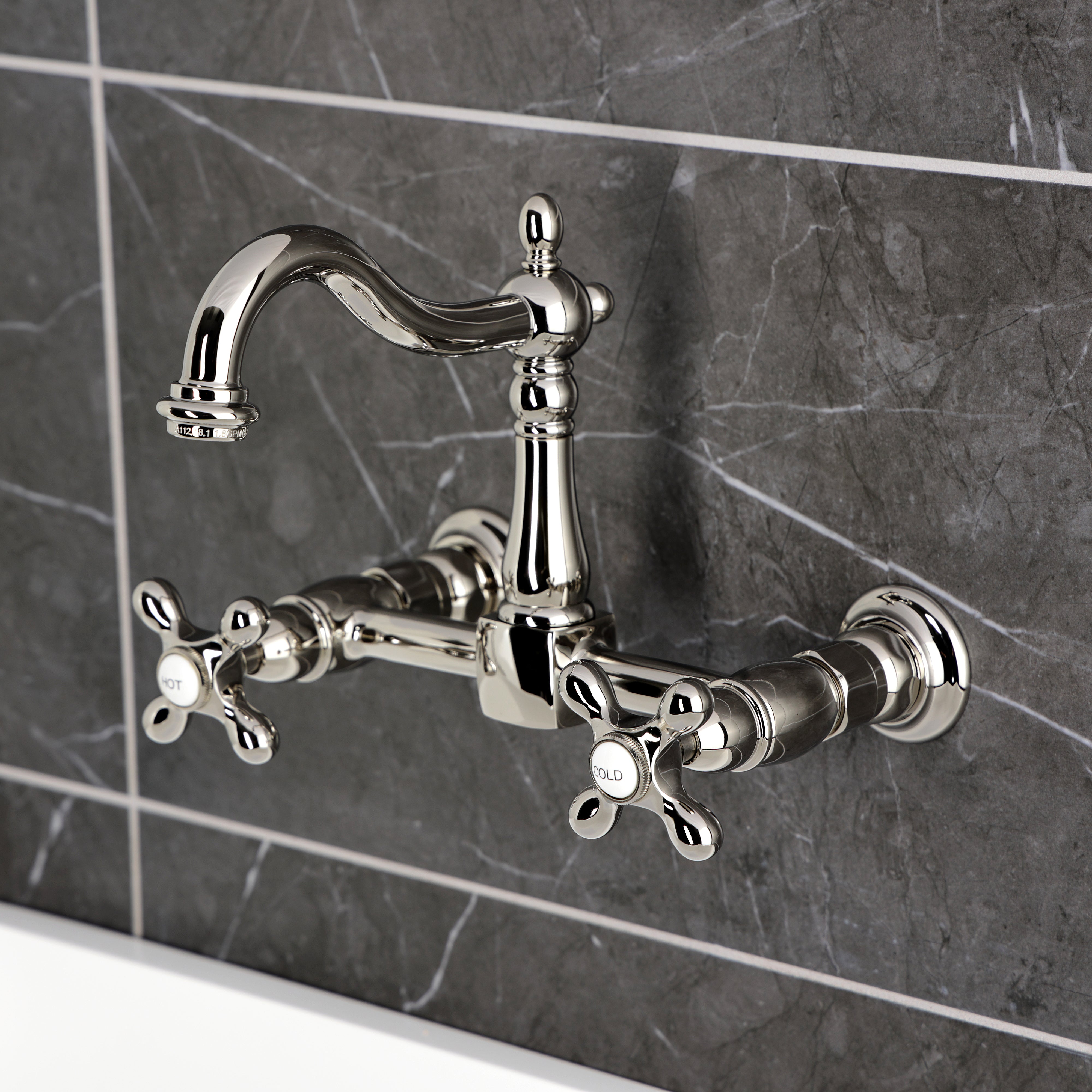 Kingston KS1263AX Heritage Two-Handle Wall Mount Bridge Kitchen Faucet, Antique Brass