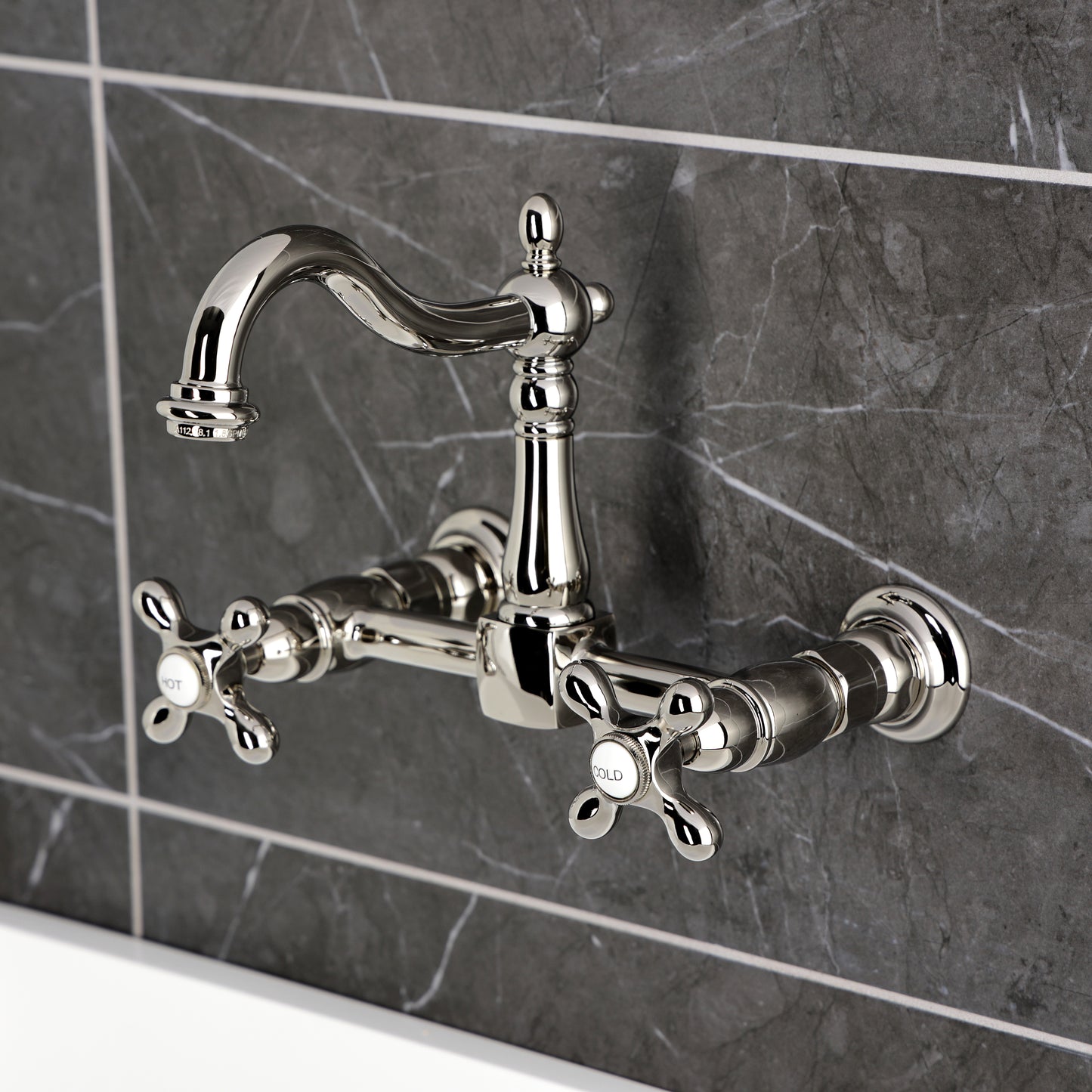 Kingston KS1263AX Heritage Two-Handle Wall Mount Bridge Kitchen Faucet, Antique Brass