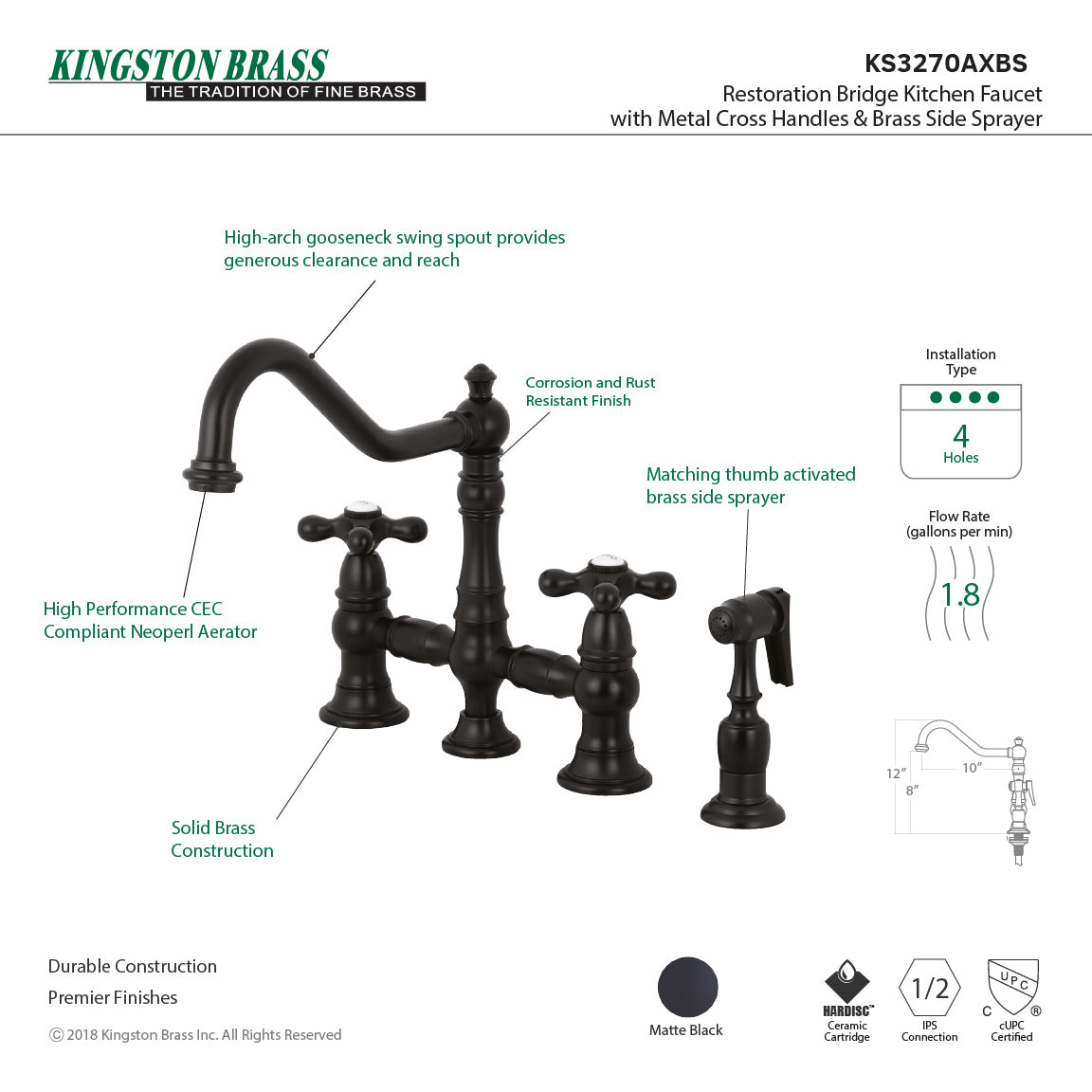Kingston KS3277AXBS Restoration Bridge Kitchen Faucet with Brass Sprayer, Brushed Brass design features classic elegance and functionality.