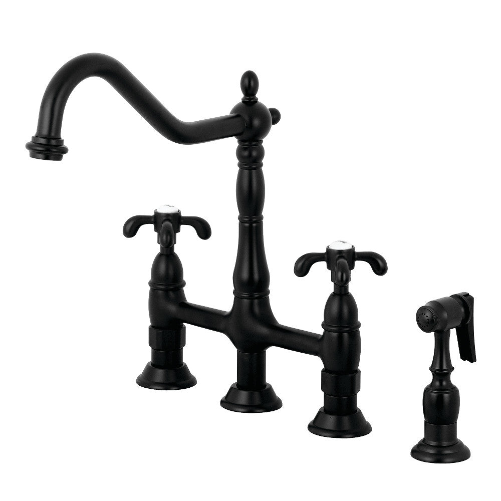 Kingston KS1277TXBS French Country Bridge Kitchen Faucet with Brass Sprayer, Brushed Brass in matte black finish