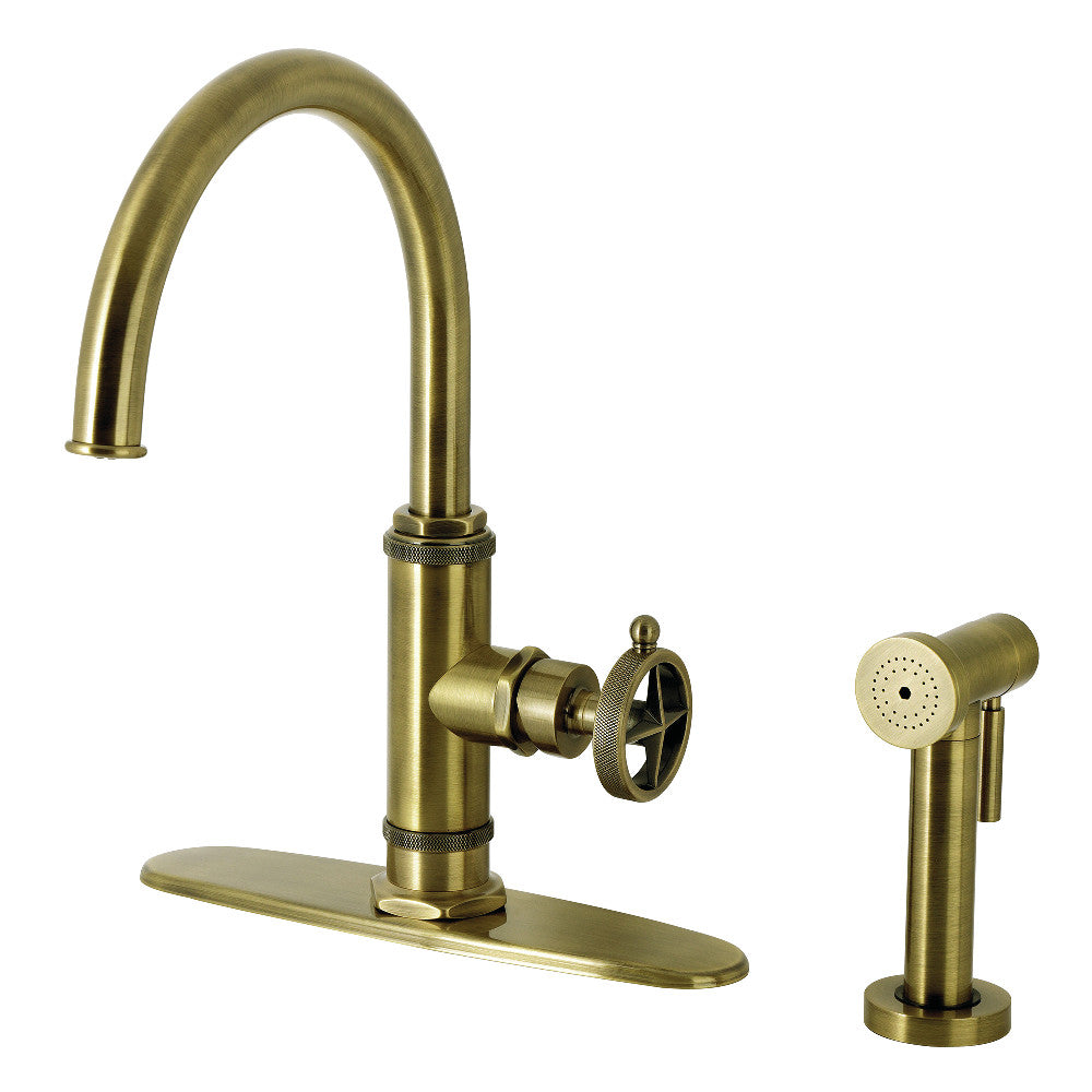 Kingston Brass KSD2433RNK Levante Single-Handle Kitchen Faucet, Antique Brass with side spray