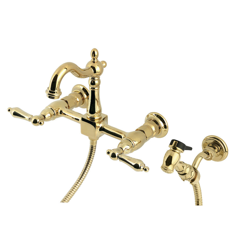 Kingston KS2443ALBS Heritage Two-Handle Wall Mount Bridge Kitchen Faucet with Brass Sprayer, Antique Brass