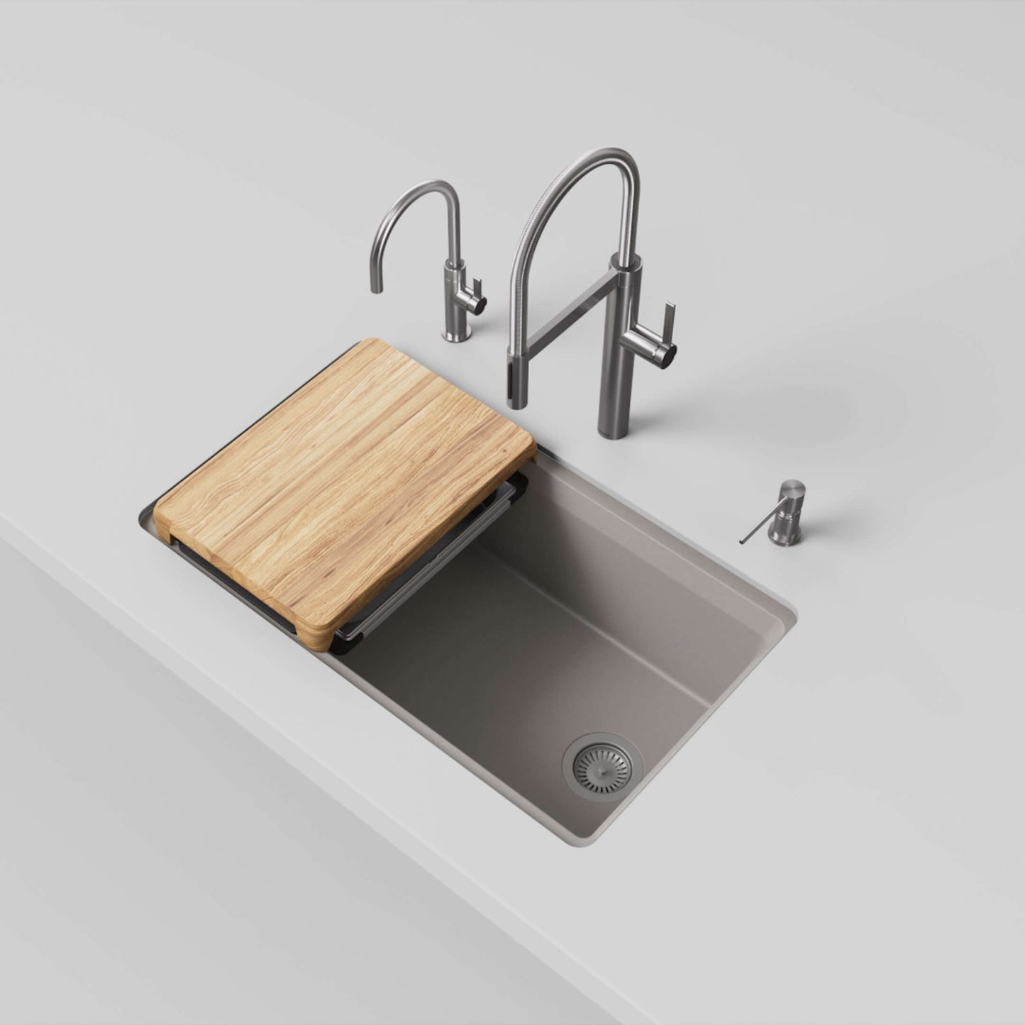 BLANCO Inteos SILGRANIT 33" Single Bowl Reversible Undermount Workstation Kitchen Sink with wood cutting board.
