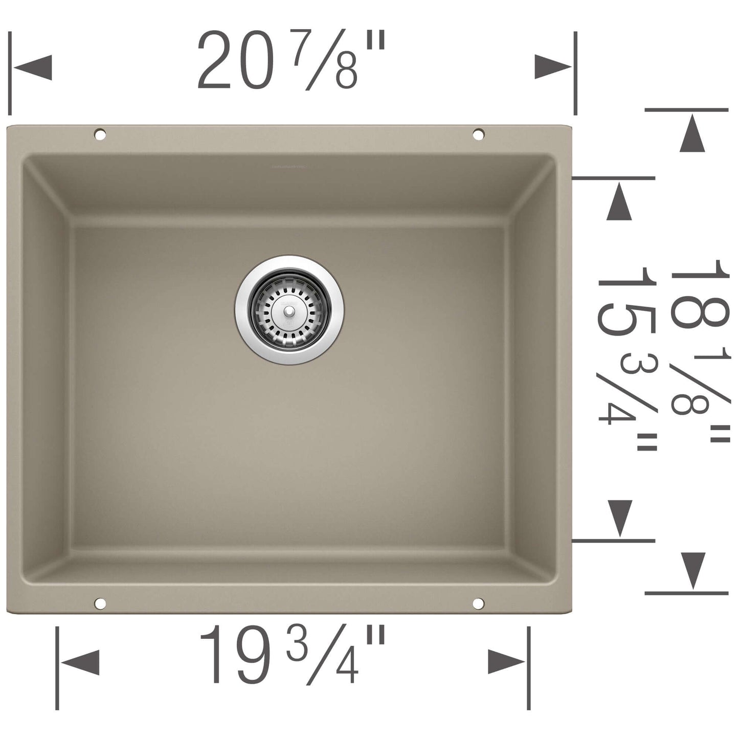 BLANCO Precis SILGRANIT 21" Single Bowl Undermount Kitchen Sink top view with dimension labels in a sandy color design.