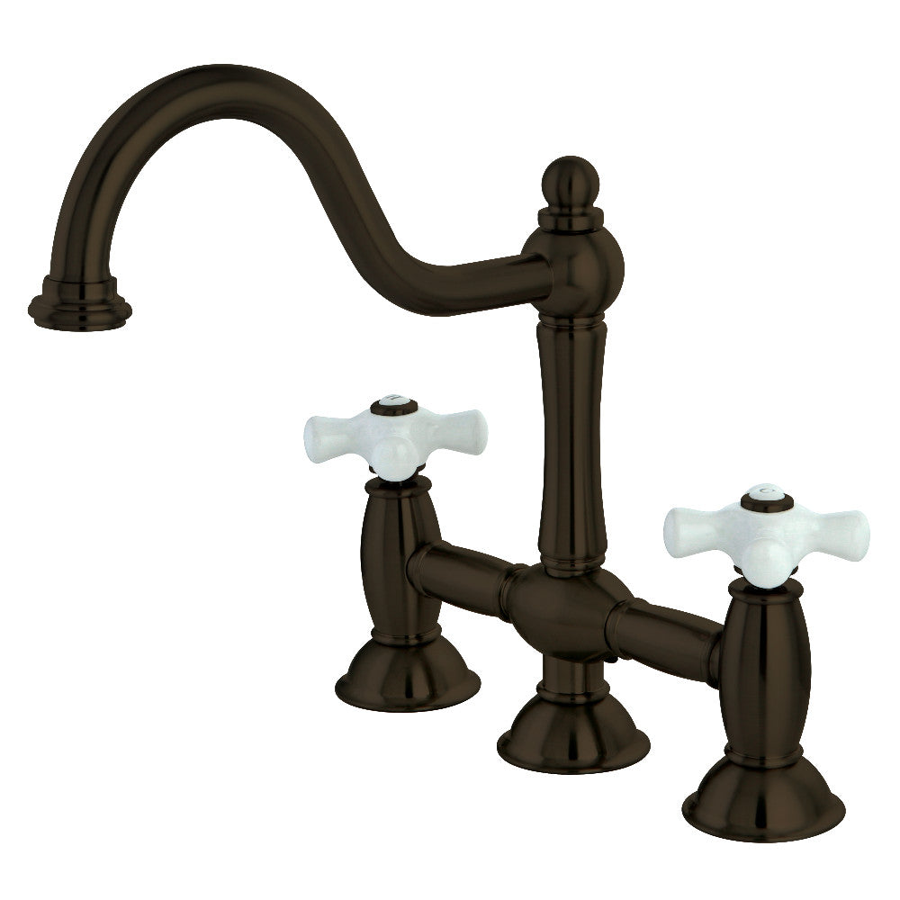 Kingston KS3785PX Restoration Bridge Kitchen Faucet, Oil Rubbed Bronze with traditional charm and white handles.