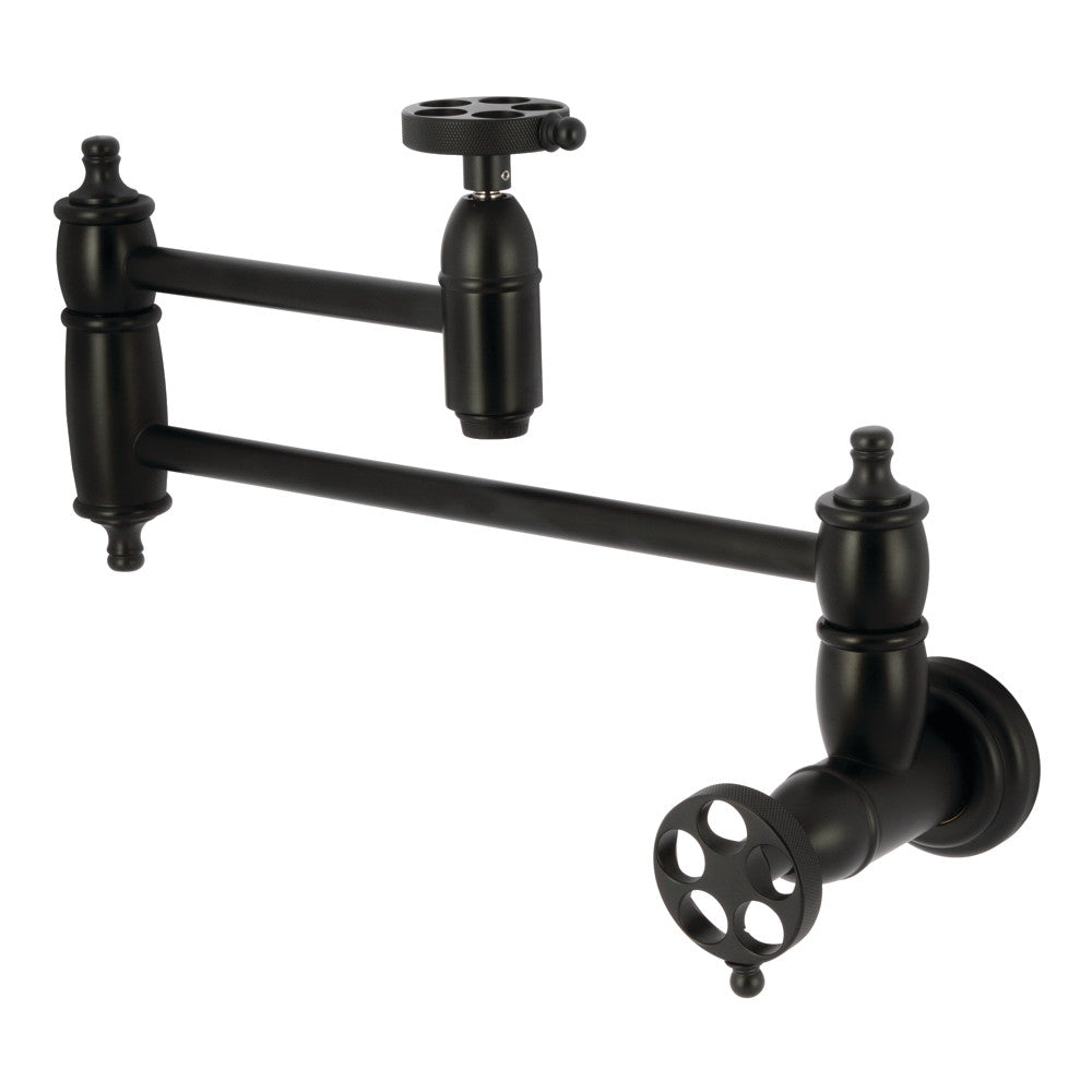 Kingston Brass KS3103RKZ Wendell Wall Mount Pot Filler Faucet with Knurled Handle, Antique Brass in matte black finish
