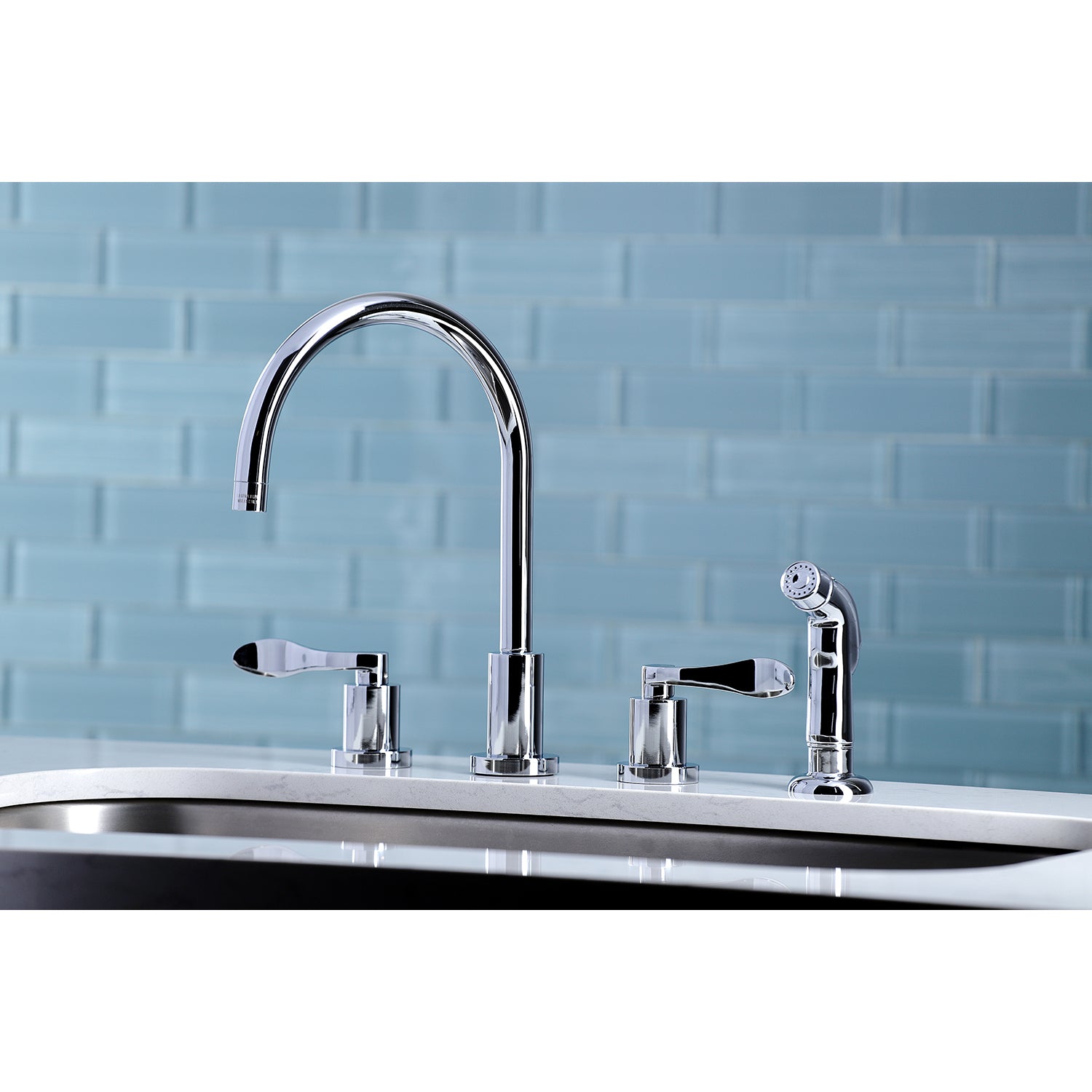 Kingston Brass KS8728DFL  Double-Handle Widespread Kitchen Faucet with Plastic Sprayer, Brushed Nickel