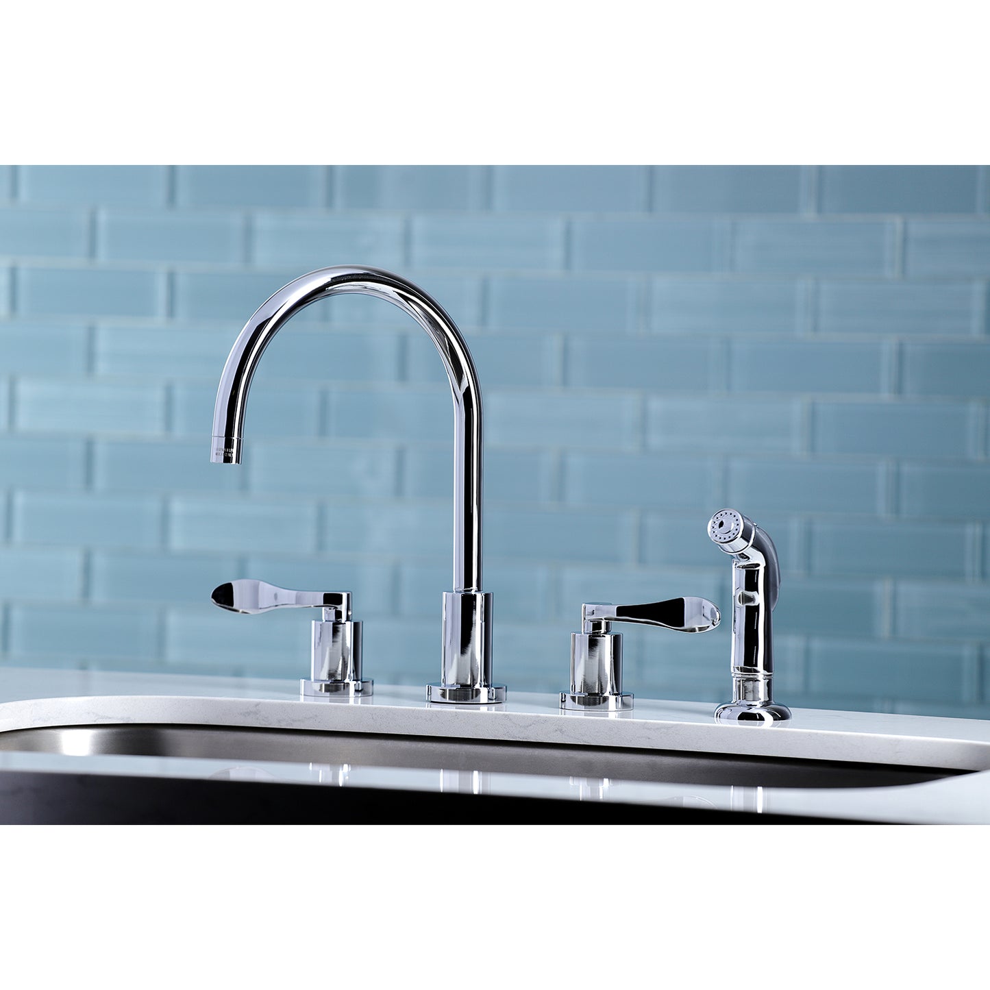 Kingston Brass KS8728DFL  Double-Handle Widespread Kitchen Faucet with Plastic Sprayer, Brushed Nickel