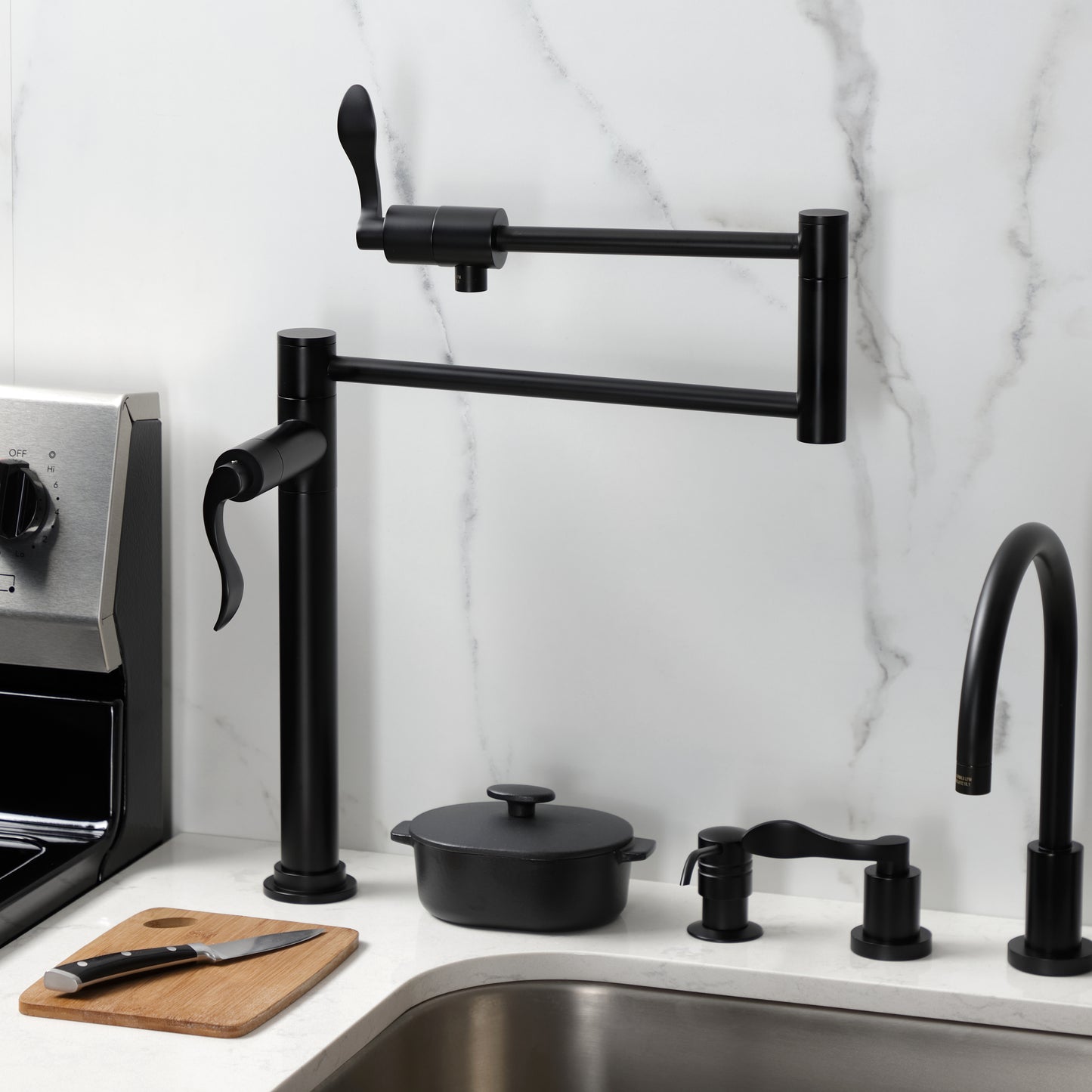 Kingston Brass KS4700DFL NuWave Deck Mount Pot Filler Faucet, Matte Black in a modern kitchen setting.