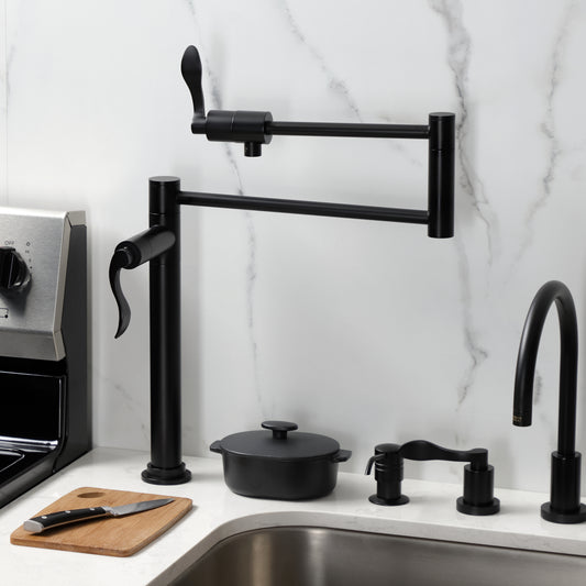 Kingston Brass KS4700DFL NuWave Deck Mount Pot Filler Faucet, Matte Black in a modern kitchen setting.
