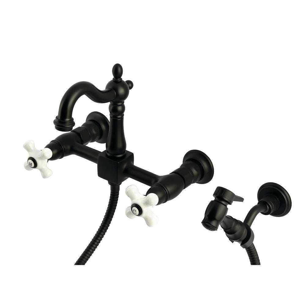 Kingston KS2443PXBS Heritage Two-Handle Wall Mount Bridge Kitchen Faucet with Brass Sprayer, Antique Brass, Matte Black finish.