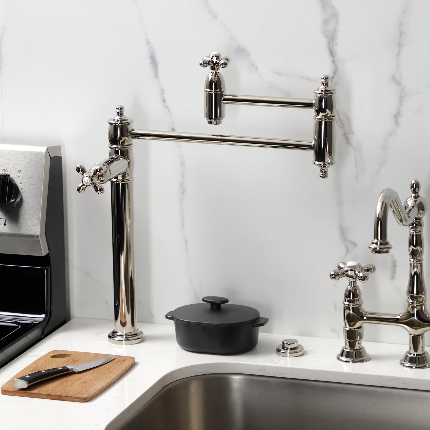 Kingston Brass KS3703AX Restoration Deck Mount Pot Filler Faucet, Antique Brass in a modern kitchen setting.