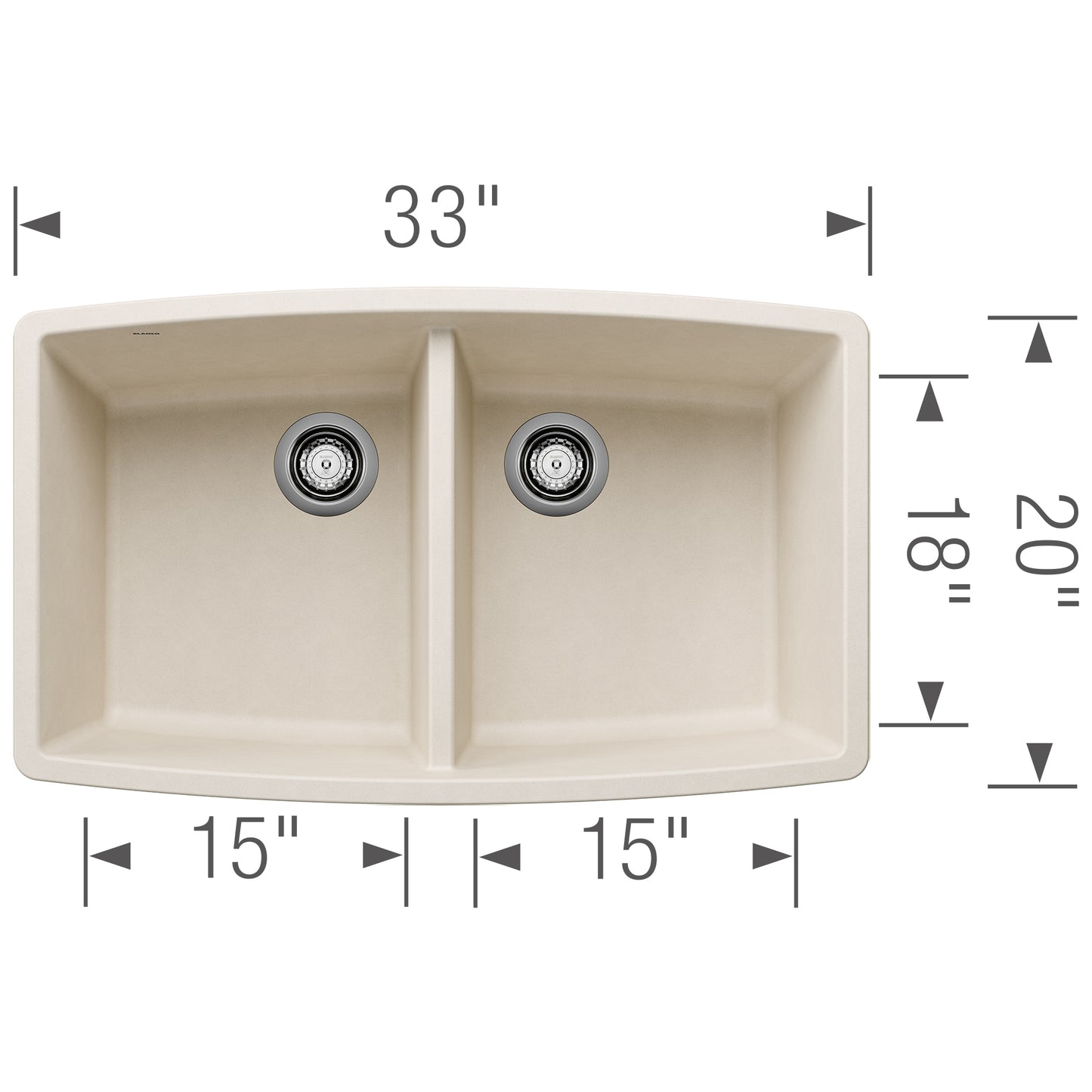 BLANCO Performa SILGRANIT 33" 50/50 Double Bowl Undermount Kitchen Sink with equal basin division and dimensions.