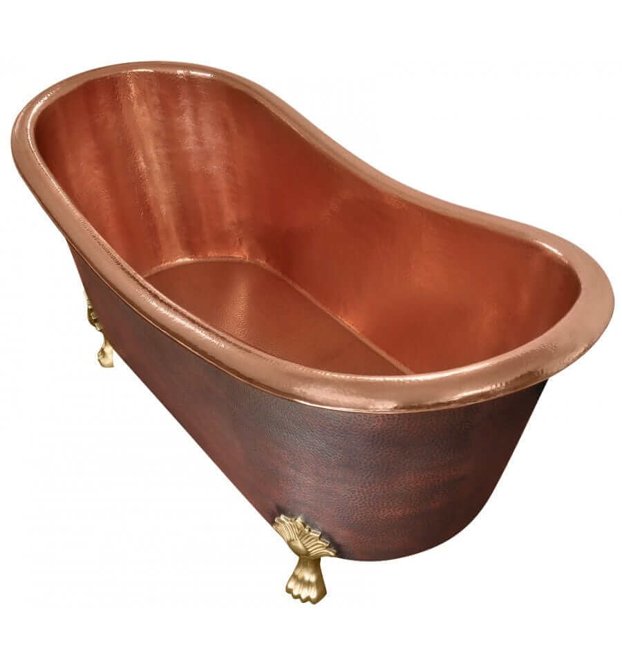 Thompson Cupatitzio Handcrafted Antique Exterior & Solid Brass Feet 14 Gauge luxury copper clawfoot bathtub.