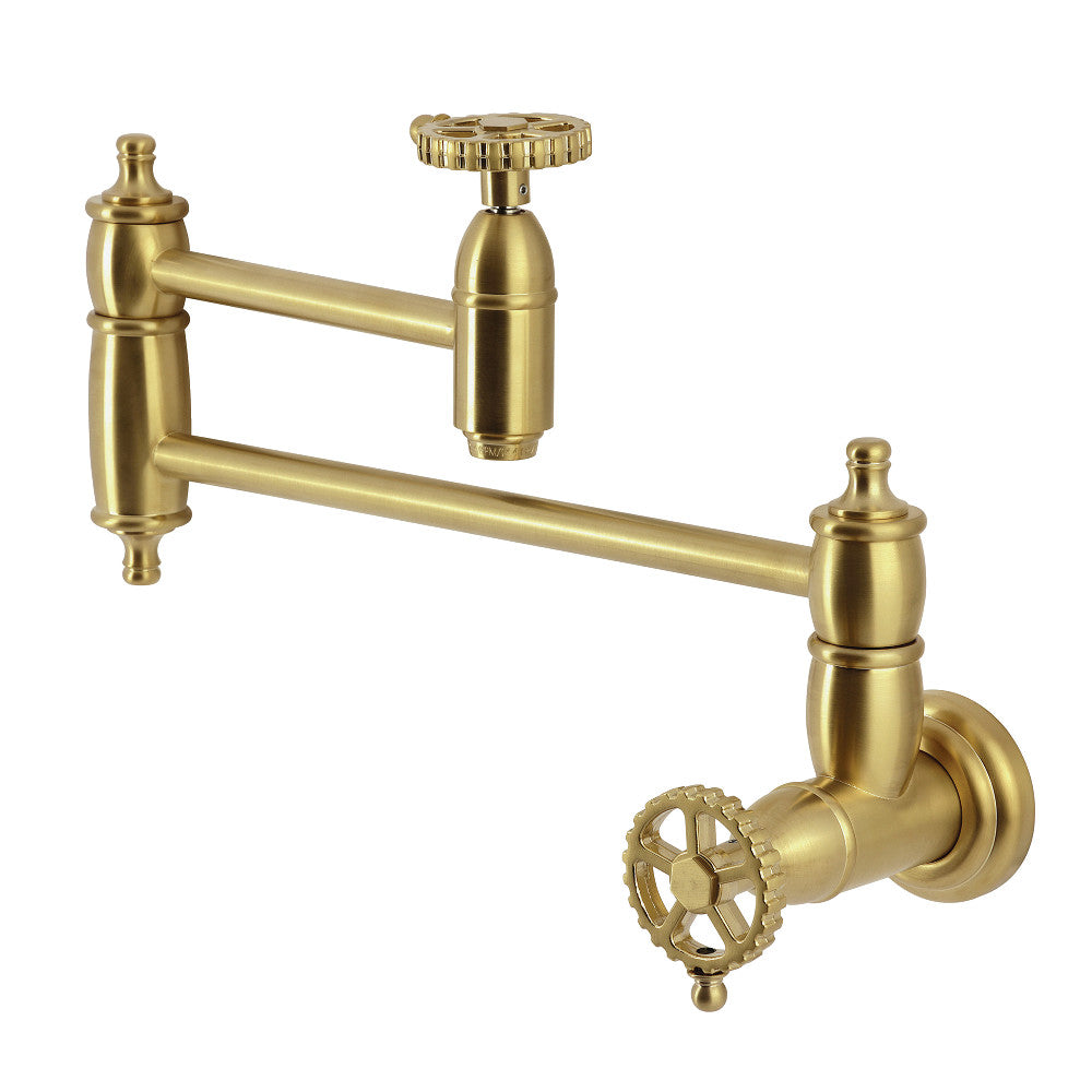 Kingston Brass KS3103CG Fuller Wall Mount Pot Filler Faucet, Antique Brass design with foldable swing arms.