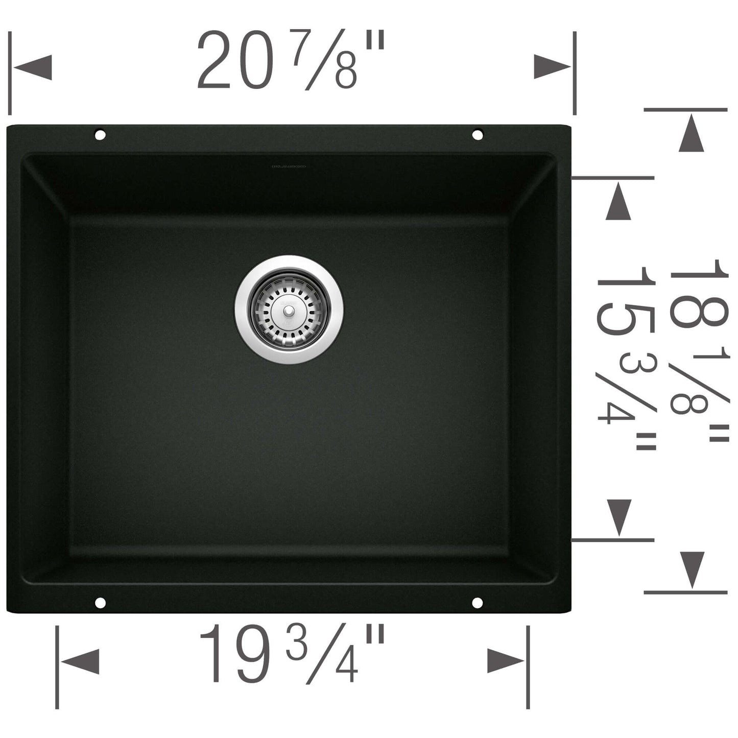 BLANCO Precis SILGRANIT 21" Single Bowl Undermount Kitchen Sink black color dimensions image