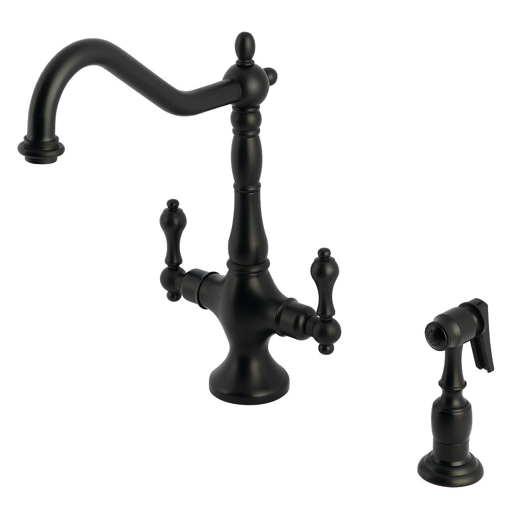 Kingston Brass KS1773ALBS Heritage Two-Handle Single-Hole Kitchen Faucet with Brass Sprayer, Antique Brass