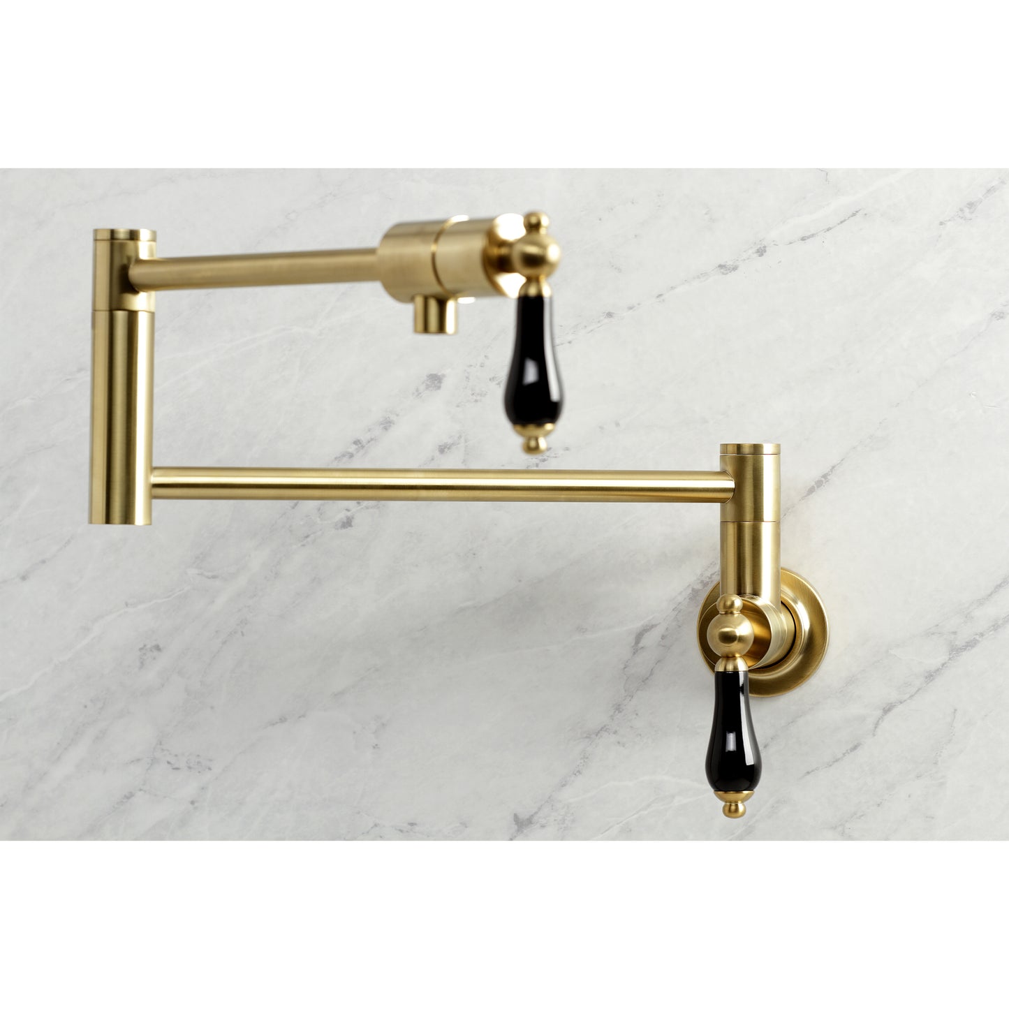 Kingston Brass KS4107PKL Duchess Wall Mount Pot Filler Faucet, Brushed Brass with black porcelain handles