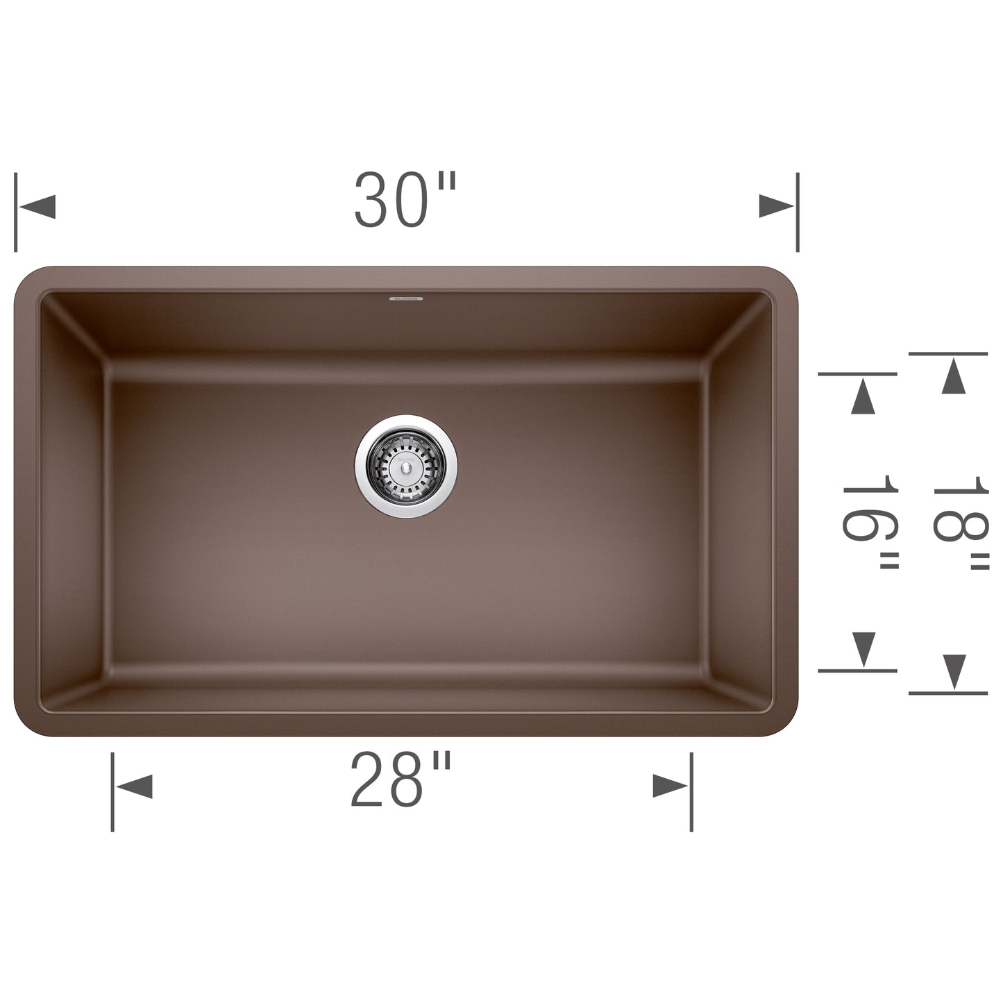 BLANCO Precis SILGRANIT 30" Single Bowl Undermount Kitchen Sink dimensions diagram